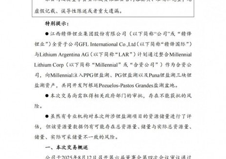 赣锋锂业子公司拟与LAR整合锂盐湖并注资1.3亿美元共同开发阿根廷锂盐湖