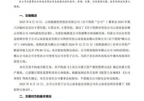 云南能投收购<em>云南省</em>盐业砚山有限公司100%股权