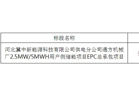 招标 | 河北2.5MW/5MWH用户侧储能项目EPC招标