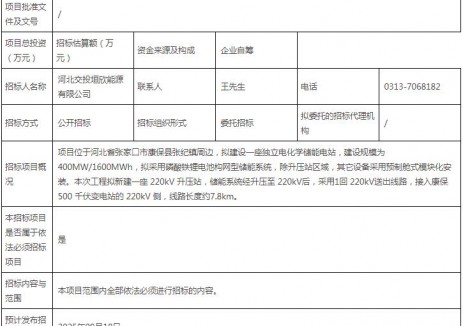 招标 | 河北交投康保县400MW构网型独立储能电站项