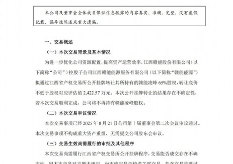 赣能股份：控股子公司拟2422万挂牌转让赣能凌峰新