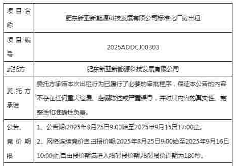 招租 | 肥东新亚新能源科技发展有限公司标准化厂