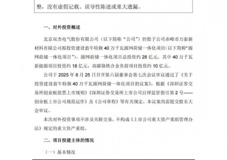 双杰电气投资28亿元内蒙古赤峰建设翁牛特旗40万千瓦源网荷储一体化项目