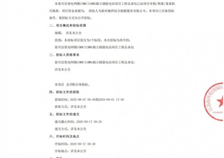 招标 | 江苏泰兴宣堡电网侧15MW/31MWh独立储能电