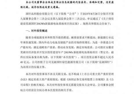 国轩高科拟在安徽投建年产20GWh新能源电池基地项目
