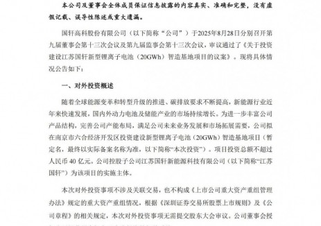 国轩高科拟在江苏投建20GWh新型锂离子电池智造基地项目