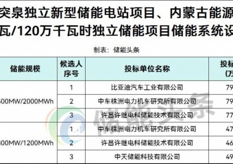 中标 | 0.3896-0.415元/Wh！比亚迪、中车株洲所、许继电科、中天储能入围蒙能800MW/3.2GWh储能系统采购