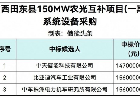 中標 | 0.49~0.52元/Wh！中天儲能/比亞迪/中車株洲所三峽能源廣西田東縣農光互補項目15MW/30MWh<em>儲能系統(tǒng)采購</em>