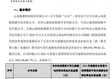 共5.91亿元！云南能投获国家可再生能源电价附加资金补助