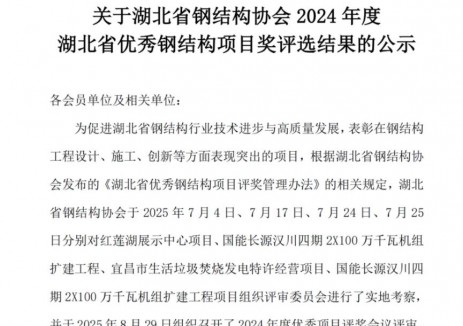 武汉华电“国能长源汉川四期2X100万千瓦机组扩建工程（钢结构）”项目获评2024年度<em>湖北</em>省优秀钢结构项目金奖