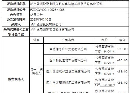 中標(biāo) | 四川瀘州能源投資有限公司<em>充電站</em>施工框架協(xié)議單位采購(gòu)結(jié)果公告