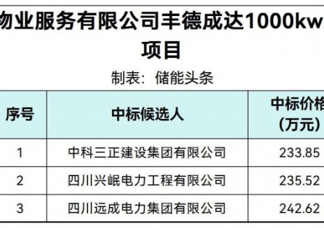 中標 | 1.12~1.142元/Wh！四川成都豐德成達1000kw2088kwh<em>儲能項目</em>中標候選人公示