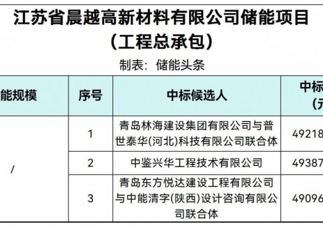 中標 | 江蘇省晨越高新材料有限公司<em>儲能項目</em>中標候選人公示