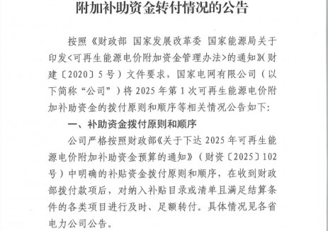 國(guó)家電網(wǎng)發(fā)布《關(guān)于2025年度第1次<em>可再生能源</em>電價(jià)附加補(bǔ)助資金轉(zhuǎn)付情況的公告》