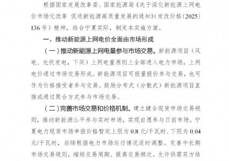 寧夏“<em>136號(hào)文</em>”正式印發(fā)！存量0.2595元/kWh、增量最高0.2595元/kWh