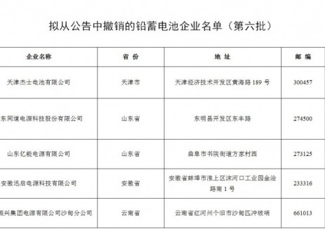 5家企業(yè)撤銷！<em>工信部</em>發(fā)布對(duì)部分鉛蓄電池企業(yè)撤銷、信息變更的公示