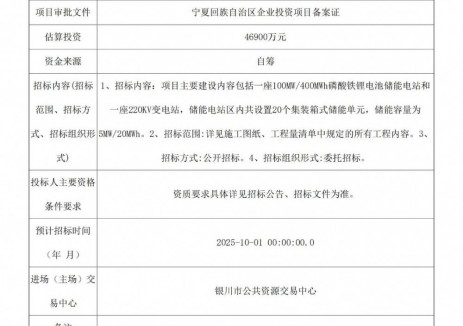 招標(biāo) | 寧夏銀川賀蘭縣洪廣鎮(zhèn)100MW/400MWh獨(dú)立<em>新型儲(chǔ)能</em>項(xiàng)目招標(biāo)