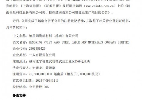 恒星科技越南全资子公司完成注册登记