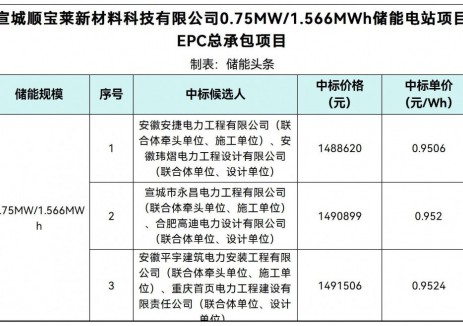 中标 | 0.9506~0.9524元/Wh！安徽宣城0.75MW/1.566MWh储能电站项目EPC总承包项目中标候选人公示