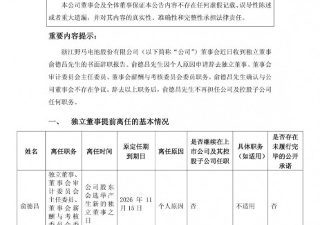 俞德昌先生申请辞去野马电池独立董事等职务