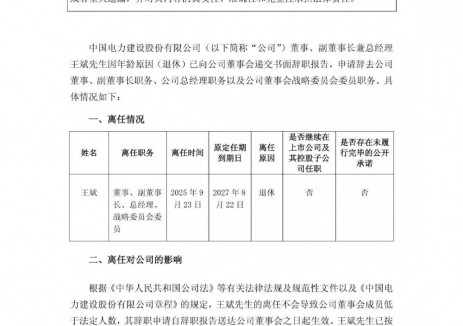 中国电建副董事长兼总经理退休离任
