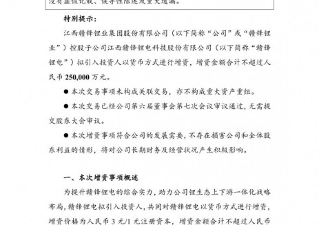 赣锋锂业控股子公司赣锋锂电拟引入投资人增资不超25亿元