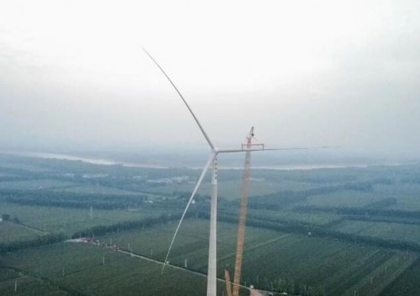 山东聊城信发东阿县陆上风电项目一期项目首台<em>风机</em>吊装成功