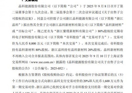 正式交割！晶科能源出售新材料公司