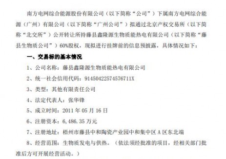南网能源出售<em>生物质</em>能公司