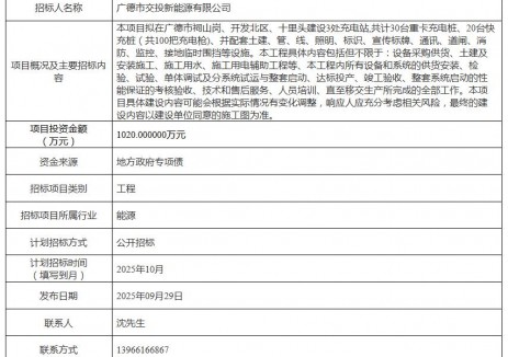 招标 | 1020万！安徽广德市充电桩建设一期项目EPC招标计划