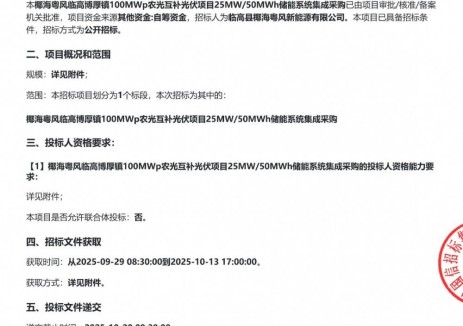 招标 | 海南临高光伏项目25MW/50MWh储能系统集成采购