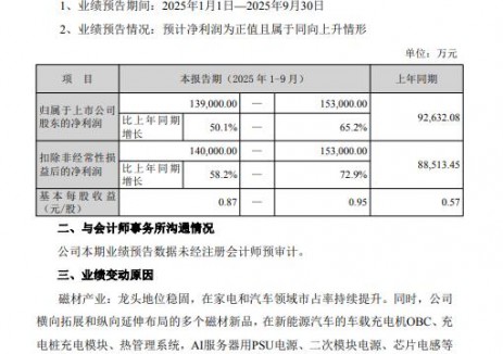 横店东磁：2025年前三季度归属净利润13.9-15.3亿元