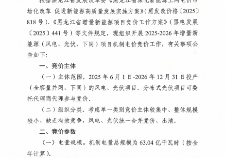 黑龍江啟動(dòng)136號(hào)文競(jìng)價(jià)：<em>機(jī)制電量</em>63億度，電價(jià)0.114~0.3元/度