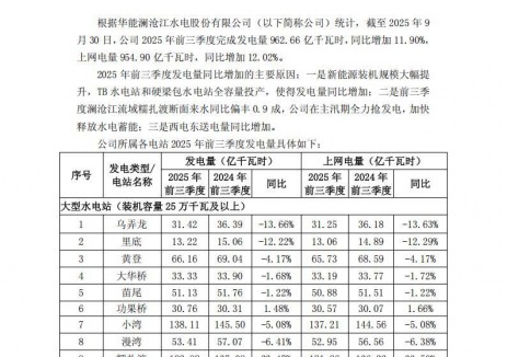 华能水电：2025年前三季度光伏发电量43.44亿千瓦时，同比增长63.80%