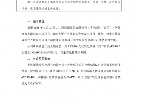 赣能股份:截至9月30日,修水大湖山风电场项目等风光项目已成功并网发电