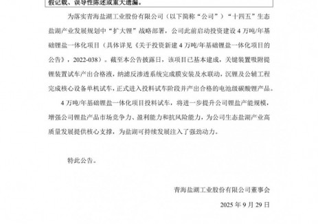 盐湖股份4万吨/年基础锂盐一体化项目投料试车