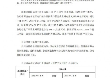 华能国际：2025年前三季度光伏上网电量205.1亿千瓦时，同比增长47.73%