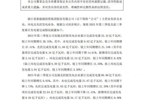 浙江新能：2025年前三季度光伏完成发电量31.03亿千瓦时