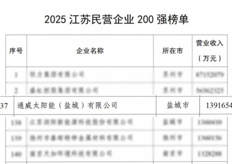 <em>通威</em>太陽(yáng)能科技鹽城基地榮登2025江蘇民營(yíng)企業(yè)雙百?gòu)?qiáng)榜單