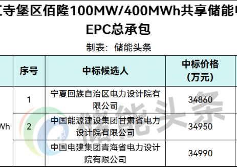 中标 | 0.6972~0.6998元/Wh！宁夏吴忠市100MW/400MWh共享储能项目EPC中标候选人公示