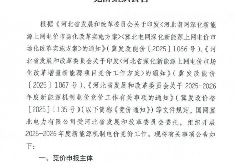 <em>冀北電網(wǎng)</em>啟動(dòng)新能源機(jī)制電價(jià)競(jìng)價(jià)！