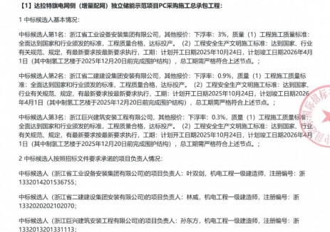 中标 | 内蒙古达拉特旗电网侧(增量配网)独立储能示范项目PC中标候选人公示