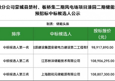 中国能建<em>安徽电建二公司</em>、林洋储能、融和元储入围华能安徽59MW/118MWh储能EPC招标