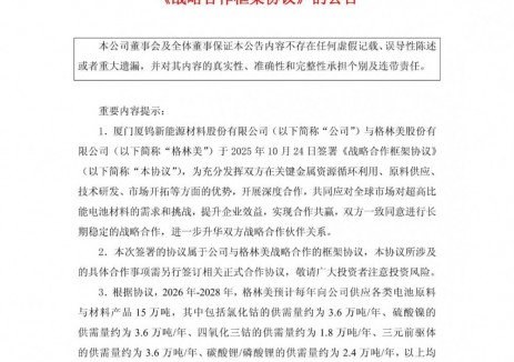 厦钨新能与格林美达成锂电池原料供应协议