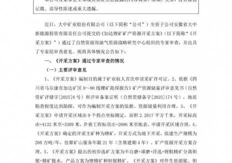 大中矿业子公司加达锂矿矿产资源开采方案通过专家审查
