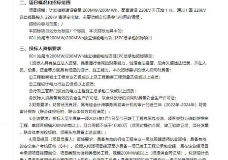 招标 | 广东汕尾市200MW/200MWh独立储能电站EPC招标