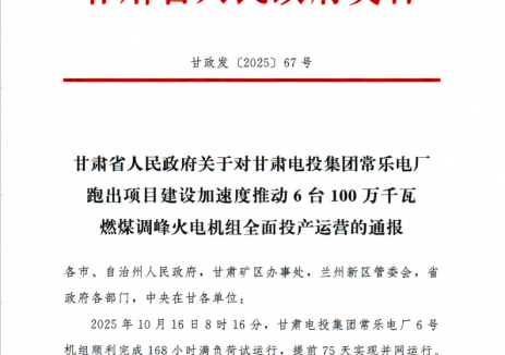 省政府通報表揚<em>甘肅電投</em>常樂電廠6臺100萬千瓦燃煤調峰火電機組全面投產運營