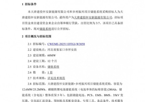 招標(biāo) | 12.6MW/25.2MWh！大唐建投懷安新能源有限公司和鄉(xiāng)村振興項(xiàng)目<em>儲(chǔ)能系統(tǒng)</em>采購(gòu)
