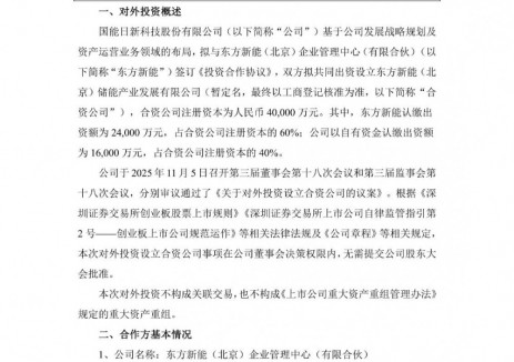 国能日新拟与东方新能合资设立储能公司 注册资本4亿元