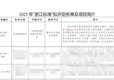 一道新能企業(yè)標(biāo)準(zhǔn)《輕質(zhì)晶硅組件》獲評(píng)“<em>浙江</em>標(biāo)準(zhǔn)”